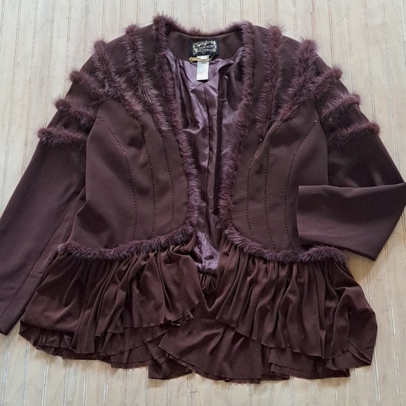 NWOT Champagne Italy Mink Faux Fur Trim Beaded Flowy Dressy Chic Jacket - Picture 8 of 9